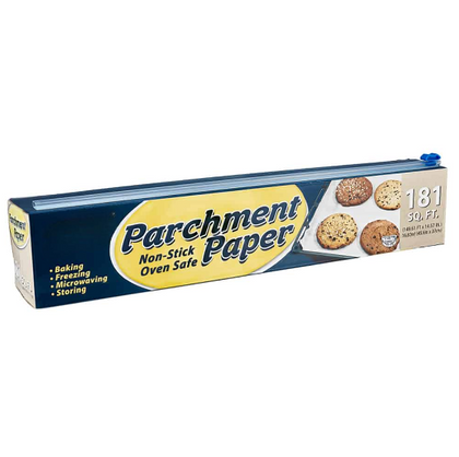 15-inch by 150-foot parchment paper, non-stick and grease-resistant. Ideal for baking, roasting, and food prep, preventing food from sticking and ensuring easy cleanup in home kitchens and bakeries.