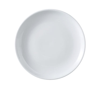 Elevate your dining experience with the EcoQuality Round Coupe Plate crafted from super white porcelain. Its sleek, rolled edge design adds a modern touch while ensuring durability. Perfectly sized for serving salads, desserts, and appetizers. This versatile plate is safe for dishwasher, oven, and microwave use, making it as practical as it is elegant.