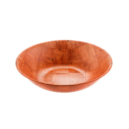 16-inch woven wood bowl with large capacity for salads, fruits, or buffet displays; durable, lightweight, break-resistant, and stackable; perfect for food service use; packed 24 per case.