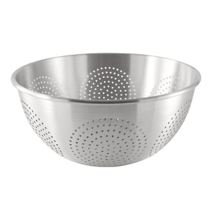 16-quart aluminum Chinese colander with perforated design for fast drainage, durable and rust-resistant, ideal for large-batch food prep in commercial or home kitchens.