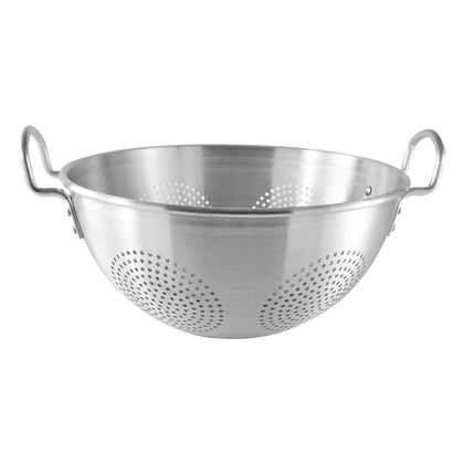 16-quart aluminum Chinese colander with loop handles, perforated for fast drainage. Durable and rust-resistant, ideal for large food prep in both commercial and home kitchens.