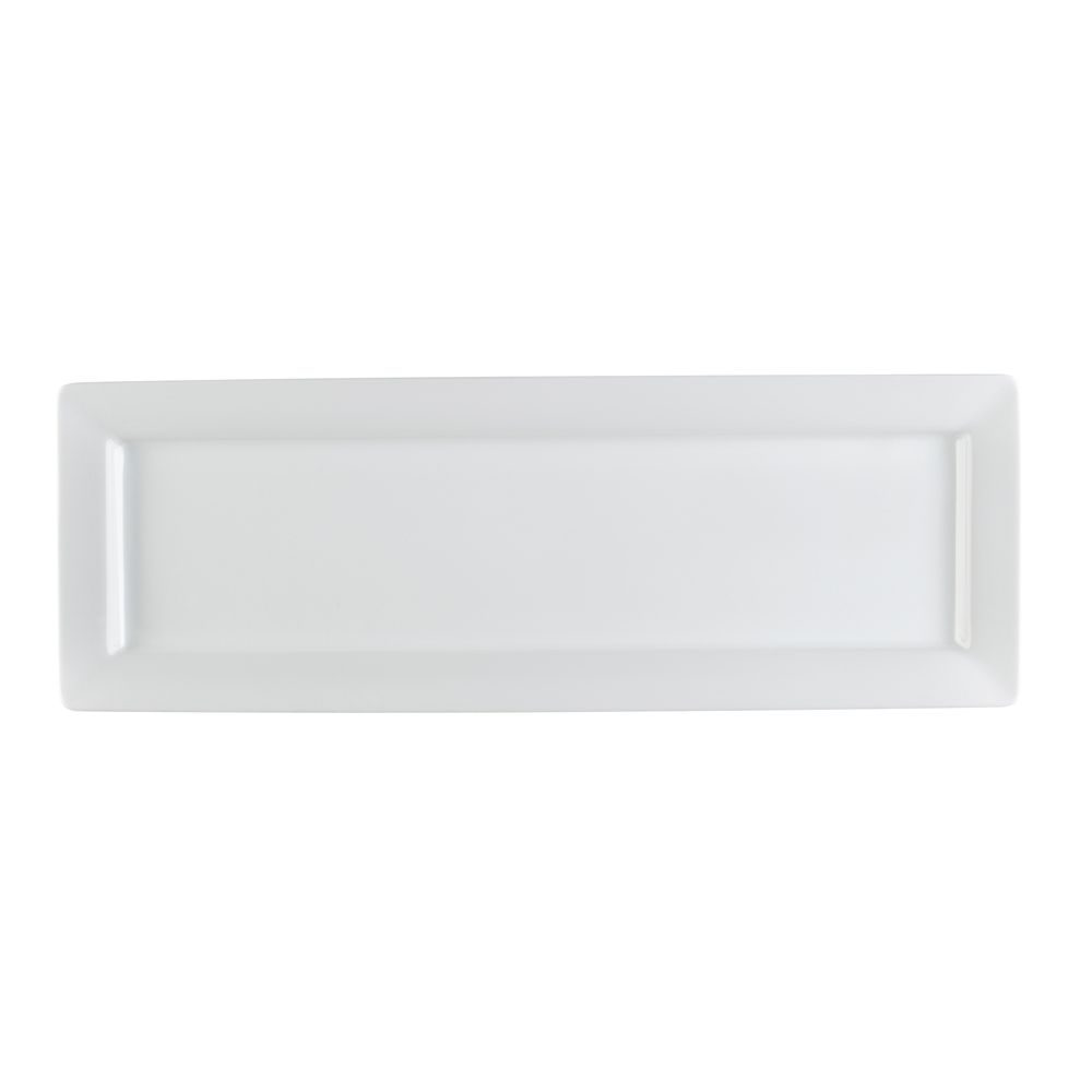 16 1/4-inch long deep rectangular platter, white serving dish, modern dinnerware, chip-resistant, microwave-safe, dishwasher-safe, perfect for appetizers, sushi, main courses, and elegant food presentation.