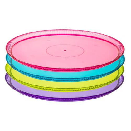 Ridged Assorted Jewel Round Tray in 12-inch and 16-inch sizes. Featuring jewel accents, perfect for serving appetizers, desserts, or drinks at parties, weddings, and gatherings. Durable, elegant, and stylish.