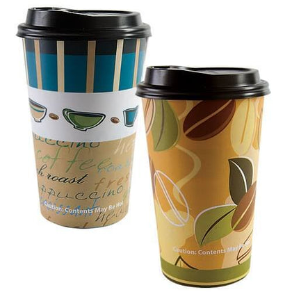 16oz Hot/Cold Cups with Lids featuring a stylish design. Ideal for coffee, tea, soda, and juice. Spill-resistant, durable, and perfect for home, office, cafes, and travel.