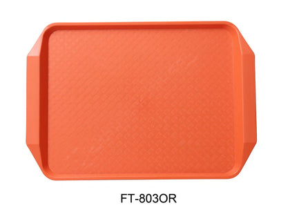 This tray has a vibrant orange finish that adds visual appeal to your service while maintaining the durability and quality expected in busy food service environments. This tray measures 17 inches long by 12 inches wide. Perfect for cafeterias, quick-service restaurants, and catering operations seeking reliable, environmentally conscious dinnerware solutions.