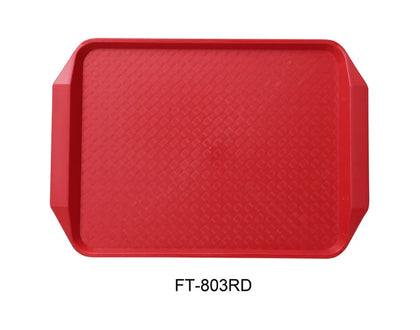 This tray has a vibrant red finish that adds visual appeal to your service while maintaining the durability and quality expected in busy food service environments. This tray measures 17 inches long by 12 inches wide. Perfect for cafeterias, quick-service restaurants, and catering operations seeking reliable, environmentally conscious dinnerware solutions.