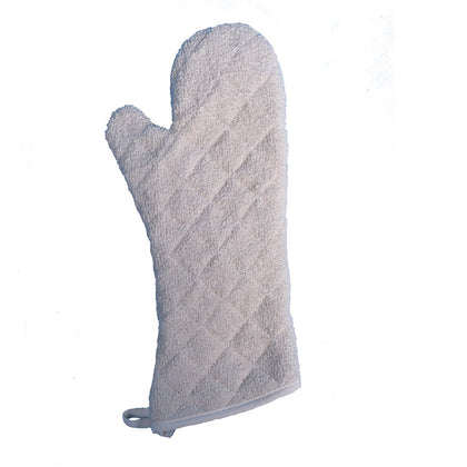 17‑inch terry oven mitt with silicone lining, heat resistant to 500 °F, non‑slip grip, soft and insulated, ambidextrous and machine‑washable; perfect for ovens, grills, and professional kitchens.