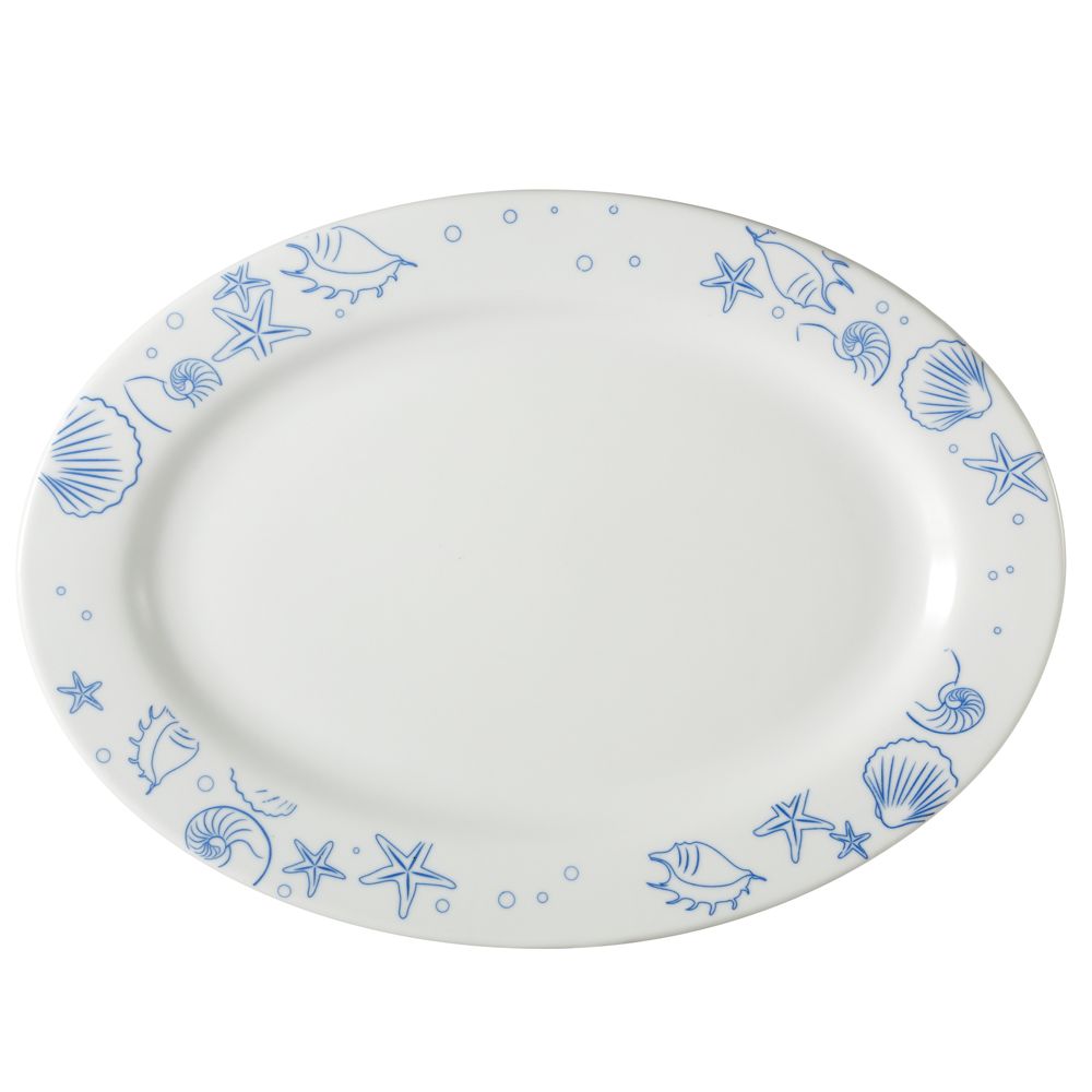 18-inch porcelain seashell oval platter PW, chip-resistant, microwave- and dishwasher-safe. Stylish serving dish for seafood, appetizers, and entrees at home or in restaurants.