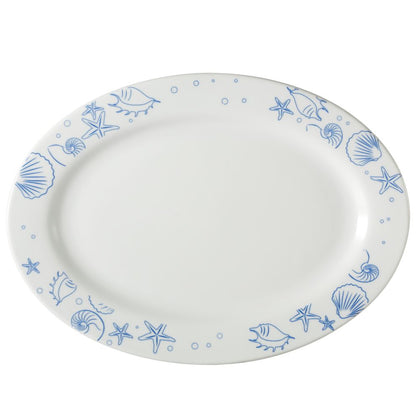 18-inch porcelain seashell oval platter PW, chip-resistant, microwave- and dishwasher-safe. Stylish serving dish for seafood, appetizers, and entrees at home or in restaurants.