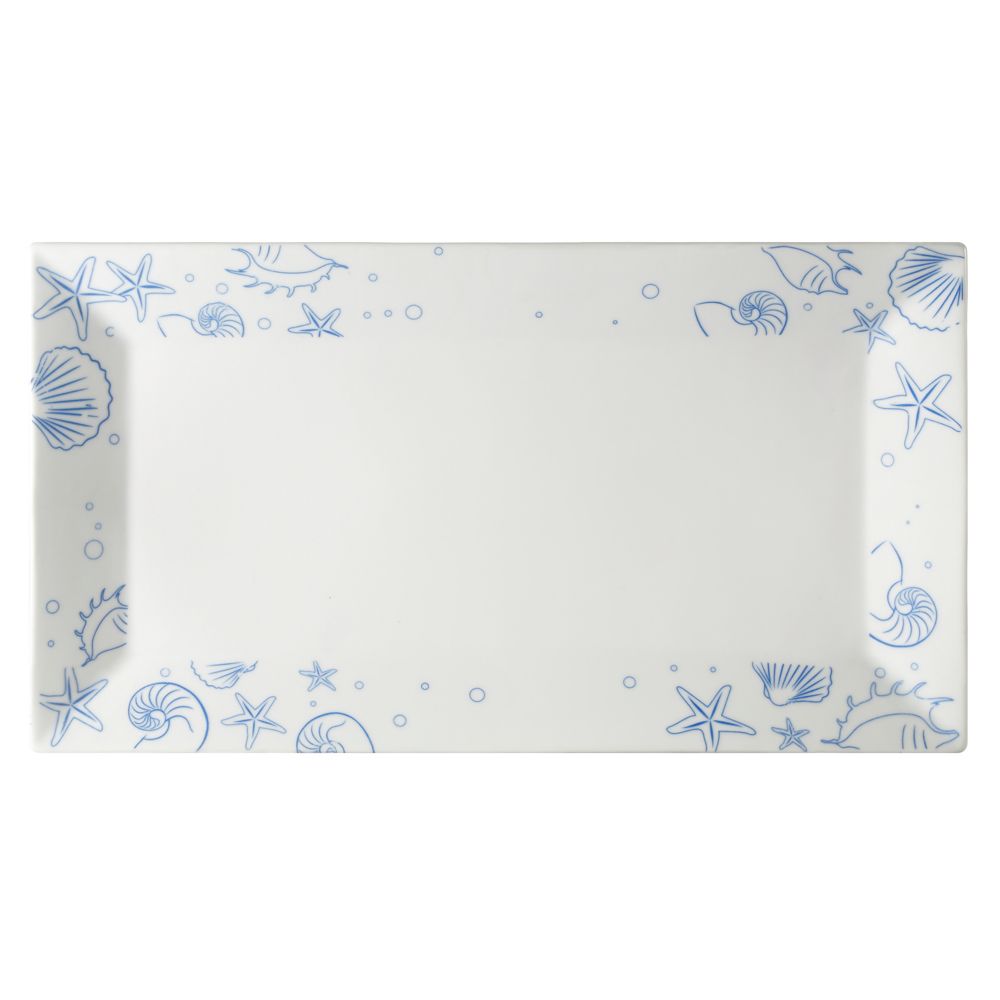18-inch porcelain seashell rectangular platter PW, chip-resistant, microwave- and dishwasher-safe. Elegant serving dish for seafood, appetizers, and entrees at home or in restaurants.