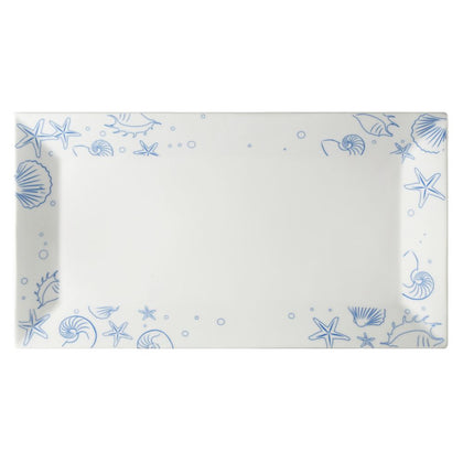 18-inch porcelain seashell rectangular platter PW, chip-resistant, microwave- and dishwasher-safe. Elegant serving dish for seafood, appetizers, and entrees at home or in restaurants.