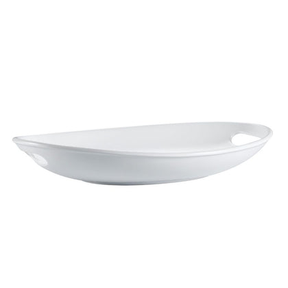 18 1/8-inch handled deep oval tray, large serving dish with ergonomic handles, chip-resistant oval platter, spacious serving tray, easy-to-clean glazed dish, deep oval serving tray, restaurant-quality platter.