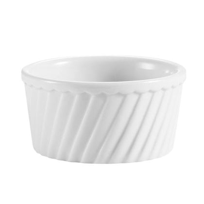 18oz 5-inch bone white fluted soufflé bowl with classic ridges, perfect ramekin for baking desserts or sides, oven-safe, microwave-safe, and dishwasher-friendly kitchen dish