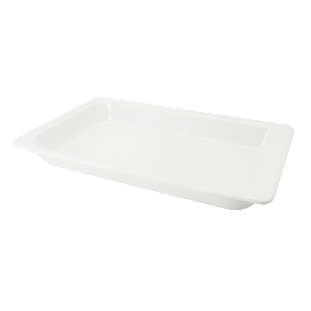 1/1 GN pan 20 7/8 inches, porcelain gastronorm pan for professional kitchens, buffets, and catering. Heat-resistant, oven-safe, microwave-safe, dishwasher-safe, durable, and food-safe.