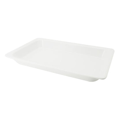 1/1 GN pan 20 7/8 inches, porcelain gastronorm pan for professional kitchens, buffets, and catering. Heat-resistant, oven-safe, microwave-safe, dishwasher-safe, durable, and food-safe.