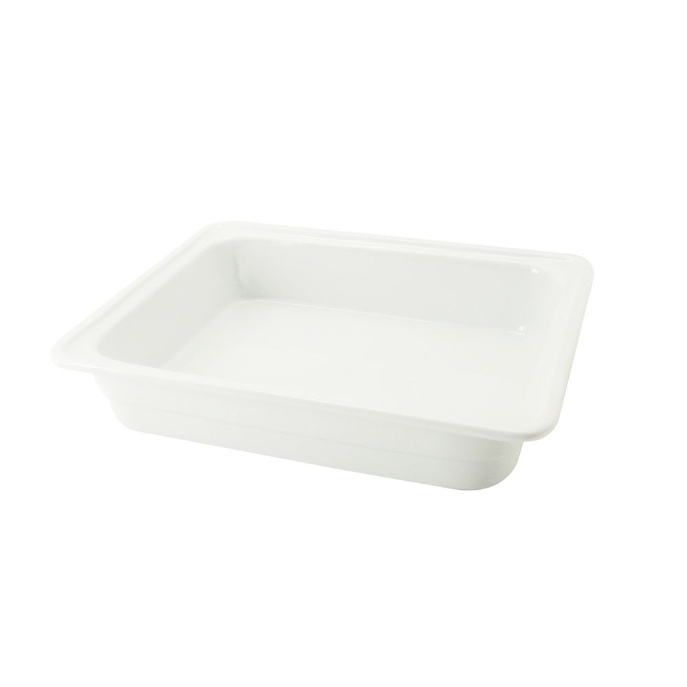 1/2 GN pan 12 3/4 inches, porcelain gastronorm pan for commercial kitchens, catering, and buffets. Oven-safe, microwave-safe, dishwasher-safe, durable, heat-resistant, and food-safe.