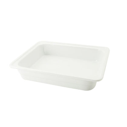1/2 GN pan 12 3/4 inches, porcelain gastronorm pan for commercial kitchens, catering, and buffets. Oven-safe, microwave-safe, dishwasher-safe, durable, heat-resistant, and food-safe.