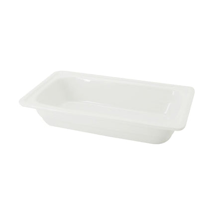 1/3 GN pan 12 3/4 inches, porcelain gastronorm pan for buffets, commercial kitchens, and catering. Heat-resistant, oven-safe, microwave-safe, and dishwasher-safe. Durable and food-safe.
