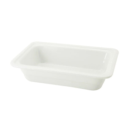 1/4 GN pan 10 3/8 inches, porcelain gastronorm dish for buffets, catering, and food service. Oven-safe, microwave-safe, dishwasher-safe, durable, and heat-resistant.