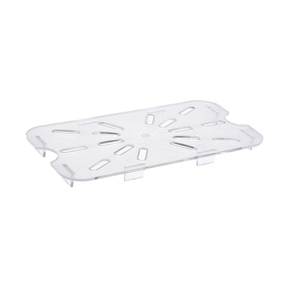 1/4 size durable polycarbonate drain shelf for PC food pans, easy to clean, supports efficient drainage to keep food fresh, ideal for commercial kitchens, catering, and buffet lines.