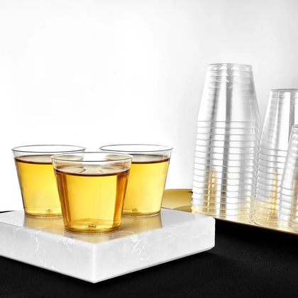 1oz Shot Cups - durable, crystal-clear disposable mini glasses for serving liquor, shooters, or desserts at parties, weddings, and events. Convenient, classy, and perfect for easy cleanup.