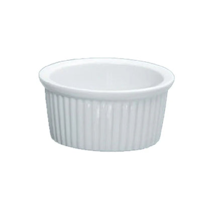 Ramekin Dish is a professional grade porcelain container designed specifically for front and back of house foodservice applications. With a 1 ounce capacity and a diameter of 2.25 inches and a height of 1 inch, this round, fluted ramekin is ideal for precise portion control, garnishing, and presentation in commercial kitchens. Its durable porcelain construction ensures longevity while maintaining a high-quality aesthetic, suitable for busy restaurant, catering, and hospitality environments. 