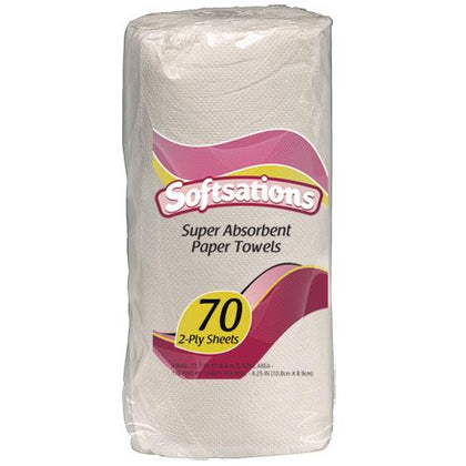 2-ply paper towel roll with 70 sheets for superior absorption and durability, perfect for cleaning spills and household tasks.