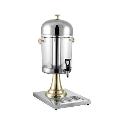 2.2-gallon beverage dispenser with stainless steel and polycarbonate body, ice core, and spigot. Keeps drinks cold without dilution. Silver and gold finish perfect for stylish events and catering.