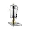 2.2-gallon beverage dispenser with stainless steel and polycarbonate body, ice core, and spigot. Keeps drinks cold without dilution. Silver and gold finish perfect for stylish events and catering.