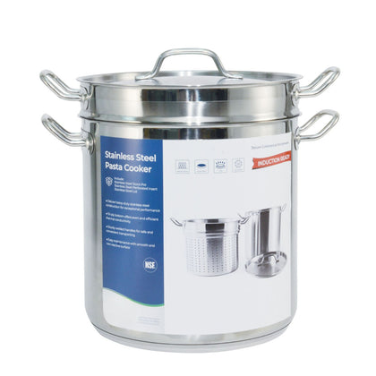 20-quart stainless steel pasta cooker with durable construction, efficient heat retention, sturdy handles, and large capacity. Perfect for commercial kitchens. Packed 4 sets per case.