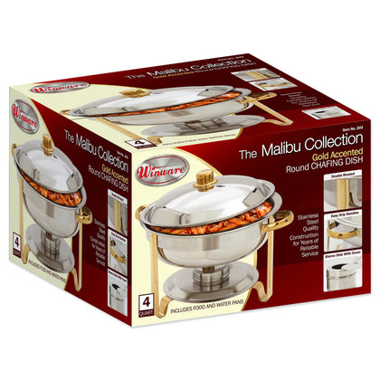 203 - Malibu 4qt Round Chafer, Stainless Steel, Gold Accent