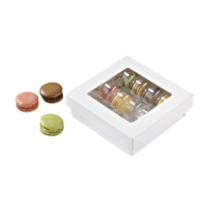 white bakery box with transparent PET window elegant packaging 5.5x5.45x2 durable sturdy cookies pastries compact biodegradable