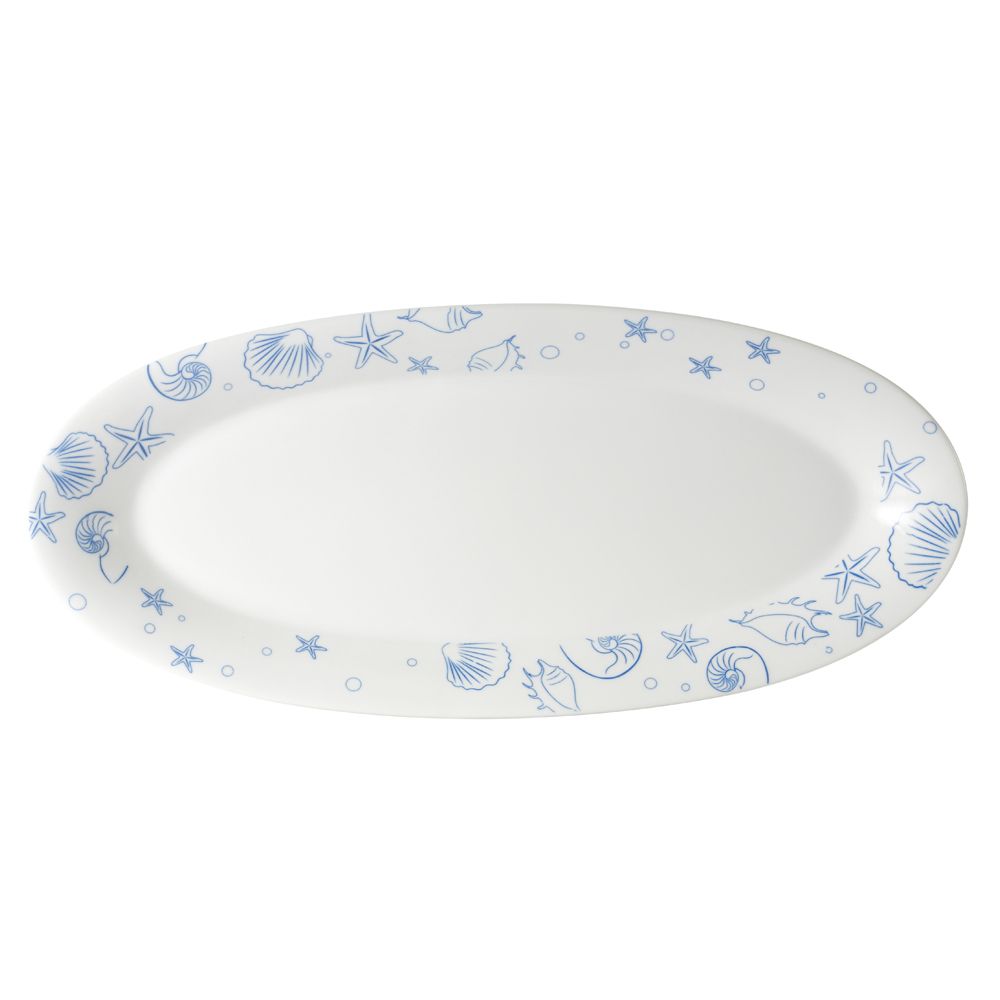 23-inch porcelain seashell Fishia platter PW, fish-shaped, chip-resistant, microwave- and dishwasher-safe. Stylish serving dish for seafood, appetizers, and entrees in homes and restaurants.