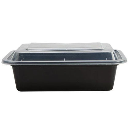 24oz deep rectangular food container, 7x5 inches, in black and white for salads, pastas, and meal prep. Durable design with secure lid for fresh, spill-free storage and hot or cold food transport.