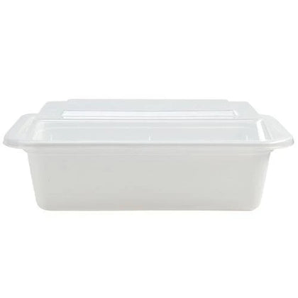 24oz deep rectangular food container, 7x5 inches, in black and white for salads, pastas, and meal prep. Durable design with secure lid for fresh, spill-free storage and hot or cold food transport.