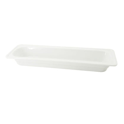 2/4 GN pan 20 7/8 inches, porcelain gastronorm dish for catering, buffets, and food service. Heat-resistant, oven-safe, microwave-safe, and dishwasher-safe.