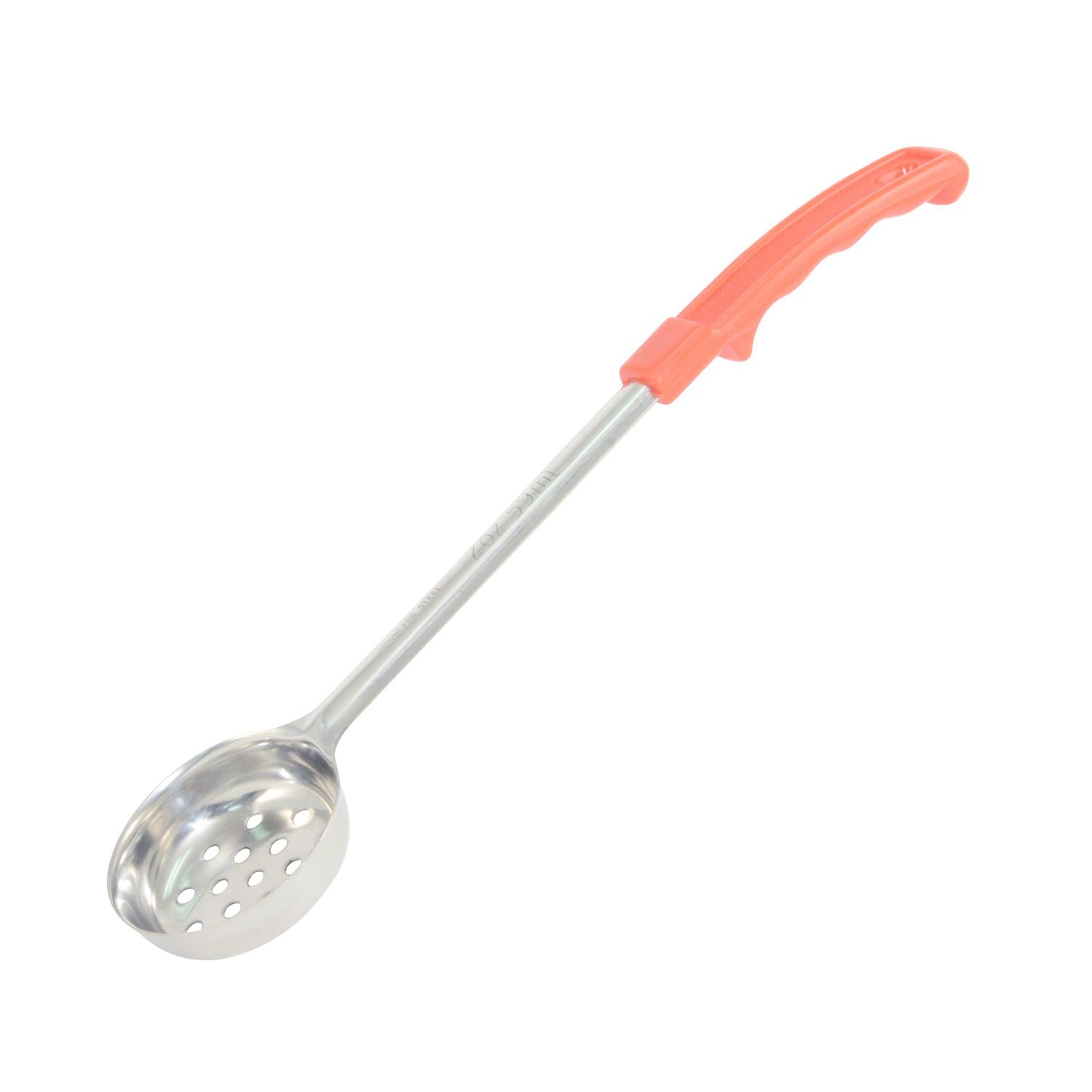 2oz stainless steel perforated portion spoon with red handle for foodservice. Ensures precise serving and efficient draining. Durable, ergonomic design. Packed 72 each per case.
