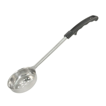 2oz stainless steel solid portion spoon with black handle for precise food serving. Durable and ideal for sauces or sides in commercial kitchens. Packed 72 each per case for high-volume use.