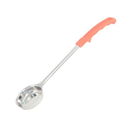 2oz stainless steel solid portion spoon with red handle for portion control in foodservice settings. Durable and color-coded for easy use. Packed 72 per case for commercial kitchen efficiency.
