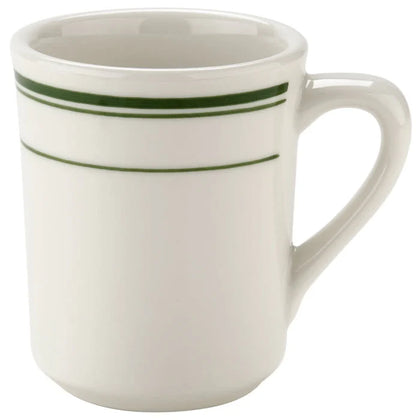 This mug is characterized by its tasteful green striped rim, providing a touch of color and sophistication. This mug measures 3.50 inches in diameter by 3.75 inches in height with an 8 Oz capacity, it's perfectly sized for your morning coffee, tea, or any hot beverage. Crafted from high-quality porcelain, this mug is both durable and versatile, making it an excellent addition to any kitchen or commercial setting.