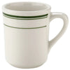 This mug is characterized by its tasteful green striped rim, providing a touch of color and sophistication. This mug measures 3.50 inches in diameter by 3.75 inches in height with an 8 Oz capacity, it's perfectly sized for your morning coffee, tea, or any hot beverage. Crafted from high-quality porcelain, this mug is both durable and versatile, making it an excellent addition to any kitchen or commercial setting.