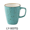 This round mug with a handle supports high-demand service operations. Its glazed porcelain construction ensures durability and heat retention, making it suitable for microwave use while maintaining an aesthetic turquoise finish. These mugs are sold by the case, with a packing of three dozen units, optimized for inventory management and standardized presentation in foodservice settings.