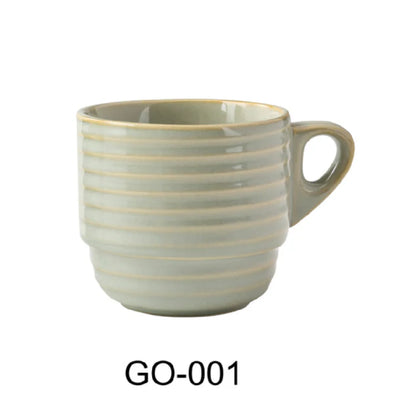 This cup offers durability and ease of use in busy settings such as cafes, restaurants, and institutional kitchens. Its earthy tone with a golden rim enhances presentation, while its stackable design optimizes storage and workflow efficiency. Crafted from high-quality porcelain, it is microwave and dishwasher safe, supporting streamlined cleaning protocols and repeated daily use in moderate throughput environments.