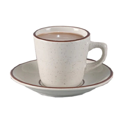 This cup offers a 7 oz. capacity with a 3.75 inches in diameter and 2.50 inches in height, ideal for portioning and serving in moderate-output operations. Its dishwasher- and microwave-safe construction supports efficient workflow in busy kitchen settings. The non stackable design ensures stability during handling, while its durable ceramic build withstands frequent cleaning and heavy use across various foodservice tasks. High quality affordable drinkware.