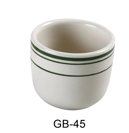 This cup is characterized by its tasteful green striped rim, providing a touch of color and sophistication. This tea cup is perfectly sized for traditional Chinese tea service or small portions of other beverages. Crafted from high-quality porcelain, this cup is both durable and versatile, making it an excellent addition to any tea set or commercial establishment.