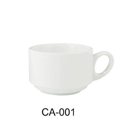 This Stackable Coffee Cup features a porcelain construction with aluminum reinforcements, ensuring durability and thermal performance. Its size optimize stacking efficiency for space-efficient storage in commercial kitchen racks. Designed for dishwasher and microwave compatibility, this cup facilitates quick cleaning and reheating.  Its capacity meets typical coffee and beverage serving needs. Suitable for restaurants, cafes, and home dining.