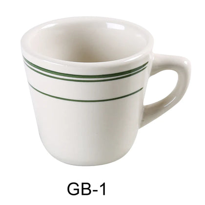 This cup is characterized by its tasteful green striped rim, providing a touch of color and sophistication. This cup is perfectly sized for coffee, tea, or any hot beverage, featuring a taller profile for a comfortable hold. Crafted from high-quality porcelain, this cup is both durable and versatile, making it an excellent addition to any kitchen or commercial setting. 