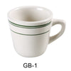 This cup is characterized by its tasteful green striped rim, providing a touch of color and sophistication. This cup is perfectly sized for coffee, tea, or any hot beverage, featuring a taller profile for a comfortable hold. Crafted from high-quality porcelain, this cup is both durable and versatile, making it an excellent addition to any kitchen or commercial setting. 