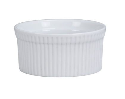 This Ramekin Dish is a professional grade porcelain container designed specifically for front and back of house foodservice applications. This round, fluted ramekin is ideal for precise portion control, garnishing, and presentation in commercial kitchens. Its durable porcelain construction ensures longevity while maintaining a high-quality aesthetic, suitable for busy restaurant, catering, and hospitality environments. 