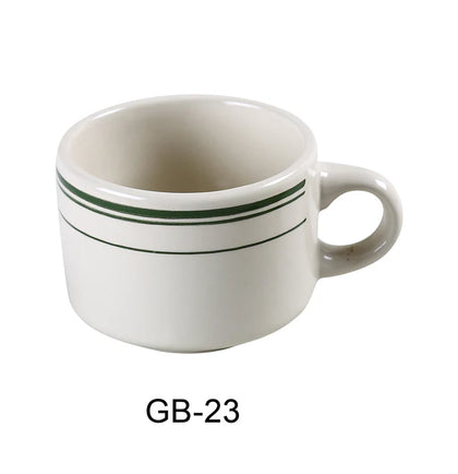 This cup is characterized by its tasteful green striped rim, providing a touch of color and sophistication. This cup is perfectly sized for coffee, tea, or any hot beverage, and its stackable design ensures efficient storage. Crafted from high-quality porcelain, this cup is both durable and versatile, making it an excellent addition to any kitchen or commercial setting.